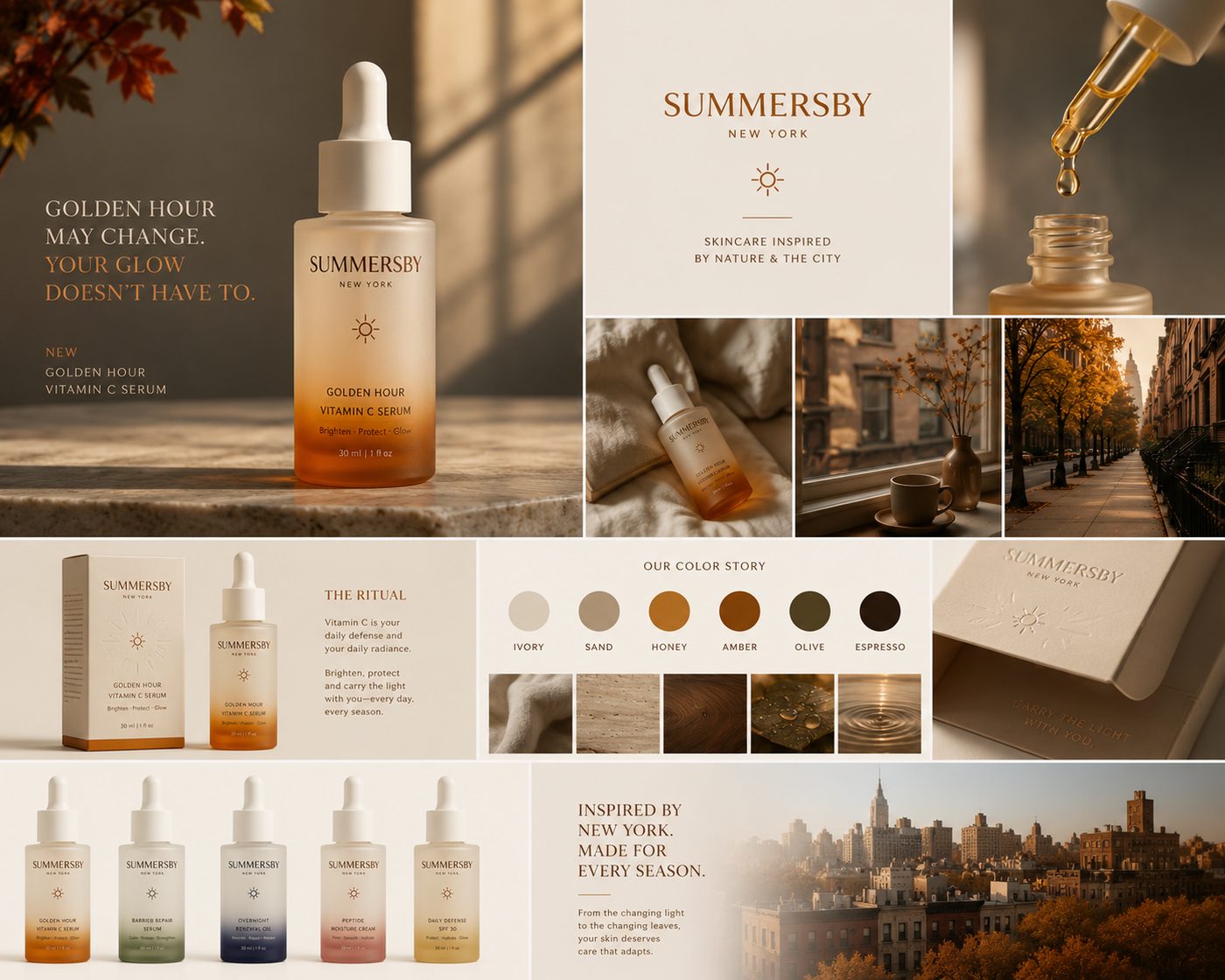 Summersby art direction board: packaging references, autumn light studies, textures, typography and the seasonal color story