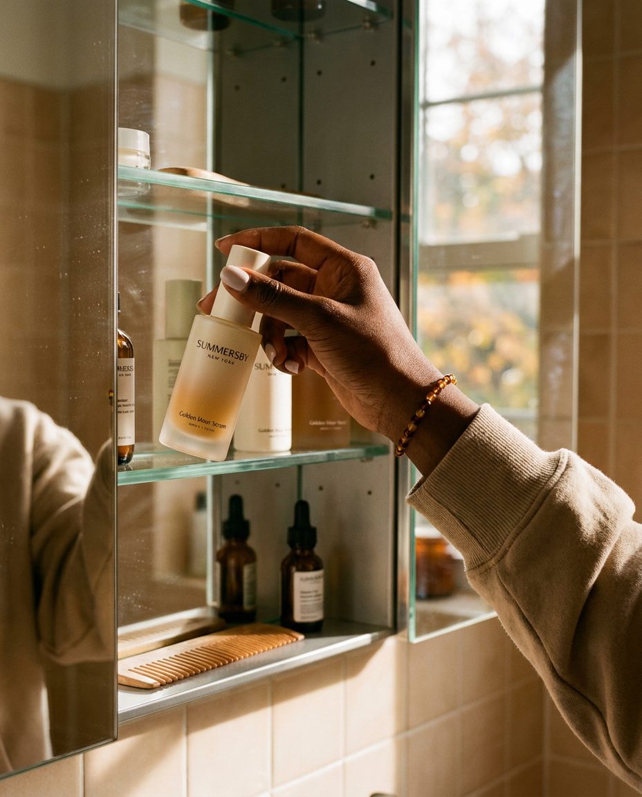 Young adult hand taking Golden Hour Serum from a medicine cabinet