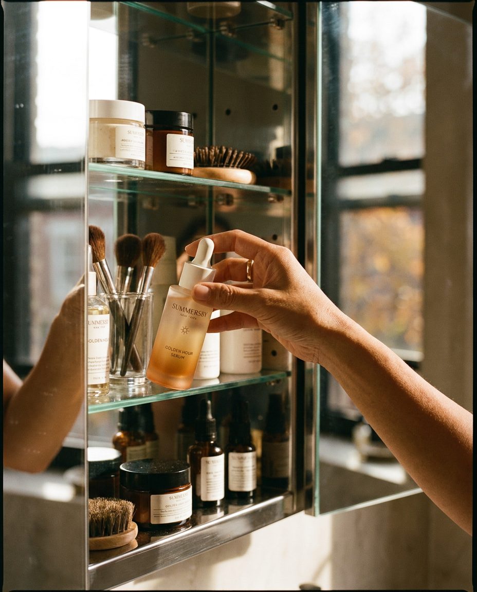 Midlife hand taking Golden Hour Serum from a medicine cabinet