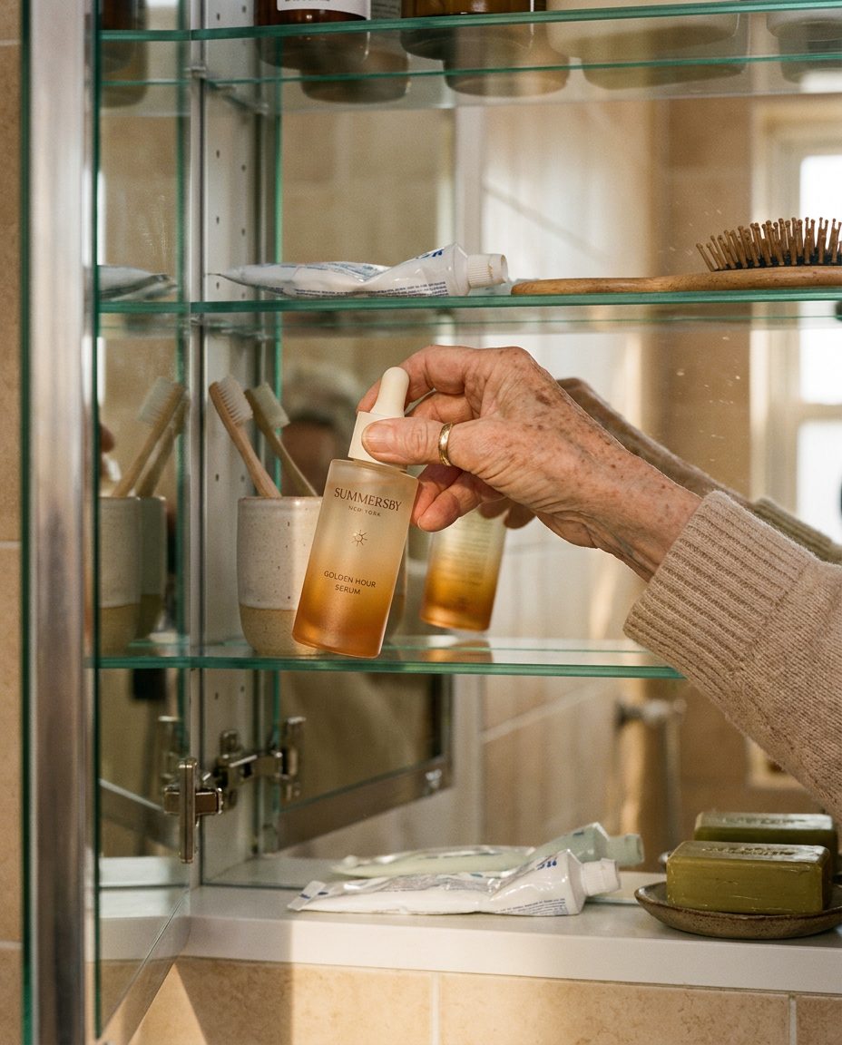 Mature hand taking Golden Hour Serum from a medicine cabinet