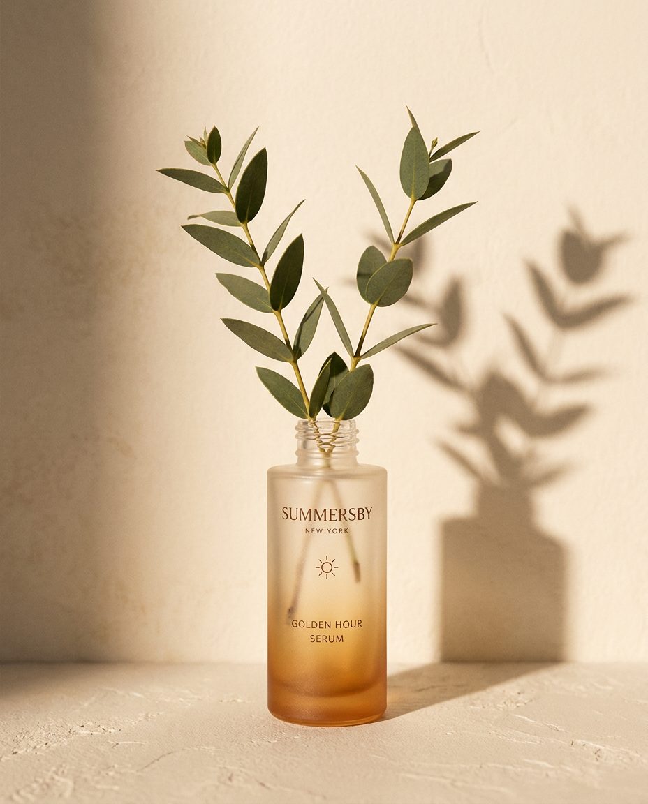 Empty Summersby collector bottle repurposed as a small vase with two eucalyptus sprigs