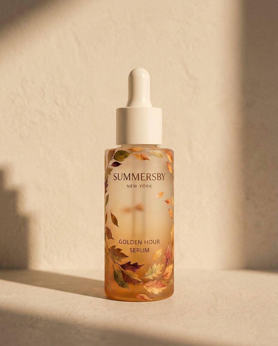 Limited-edition Golden Hour Serum bottle printed with a watercolor spiral of autumn leaves