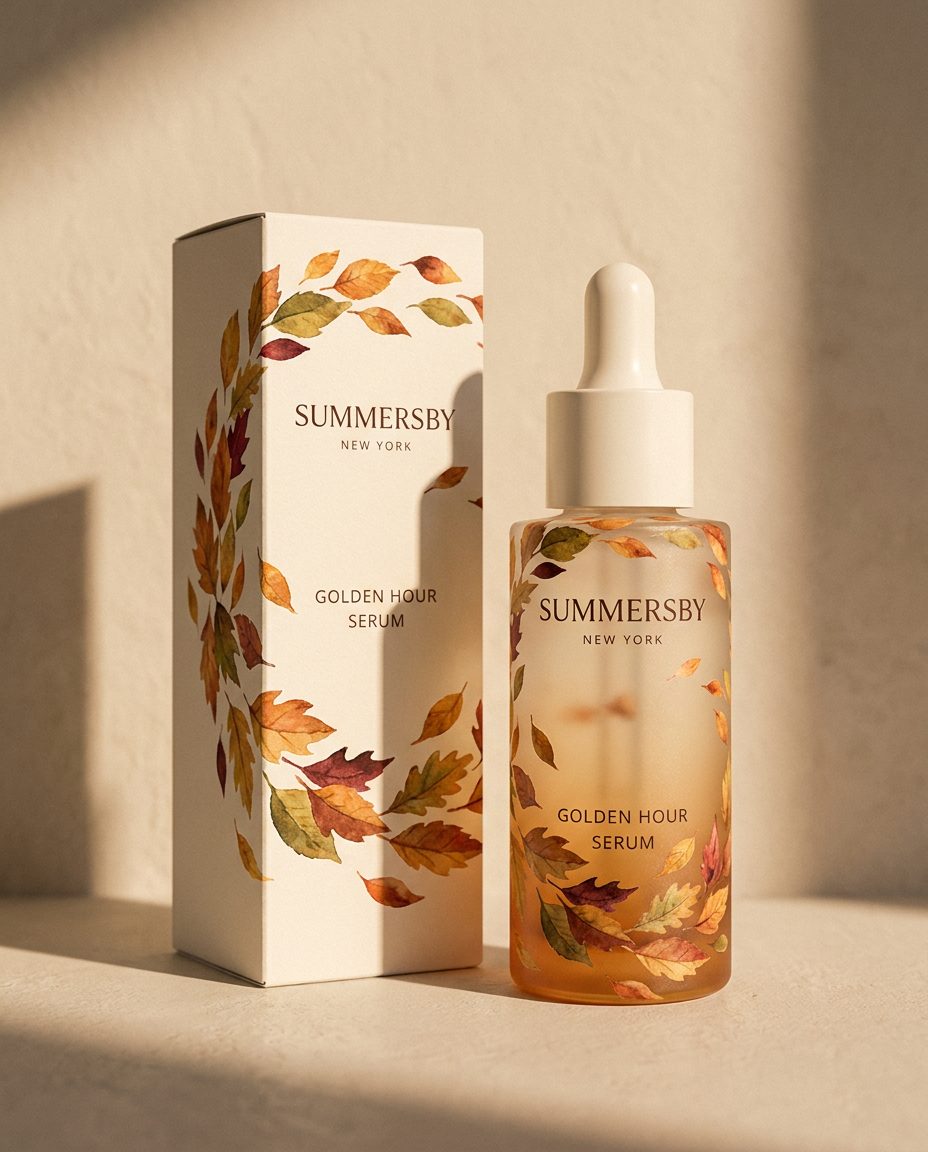 The limited-edition bottle beside its ivory carton, the watercolor leaf artwork continuing across the box
