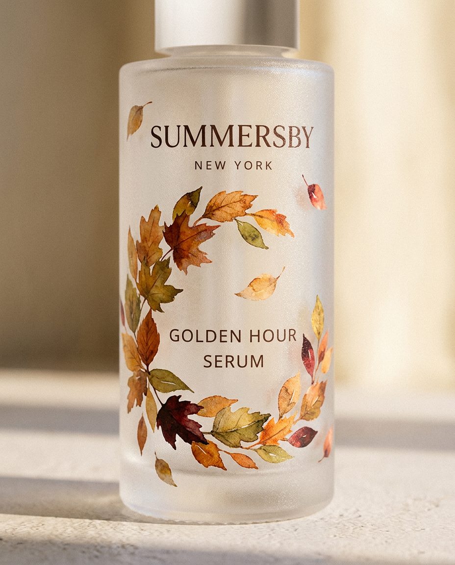 Close view of the watercolor leaf artwork printed on the frosted glass bottle
