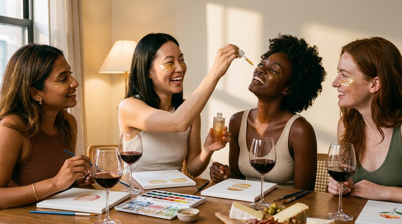 Four friends of different backgrounds painting at home in gold under-eye patches, one dropping serum onto another’s cheek