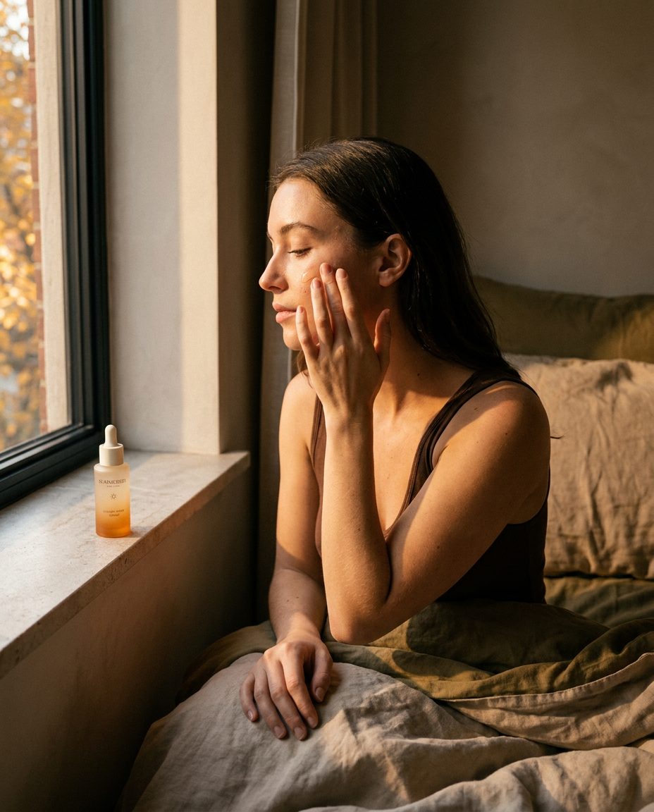 Young woman using Summersby serum at sunrise