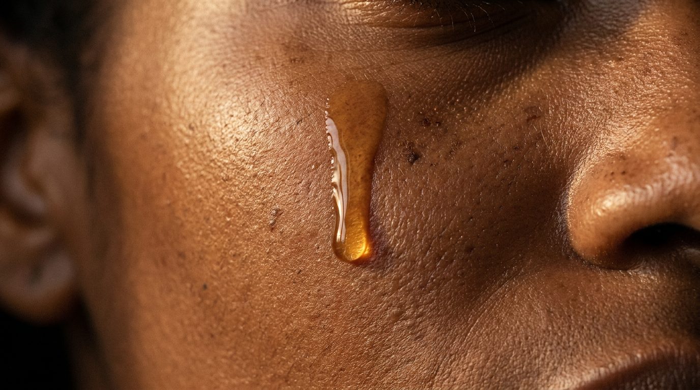 Vitamin C serum running down illuminated skin