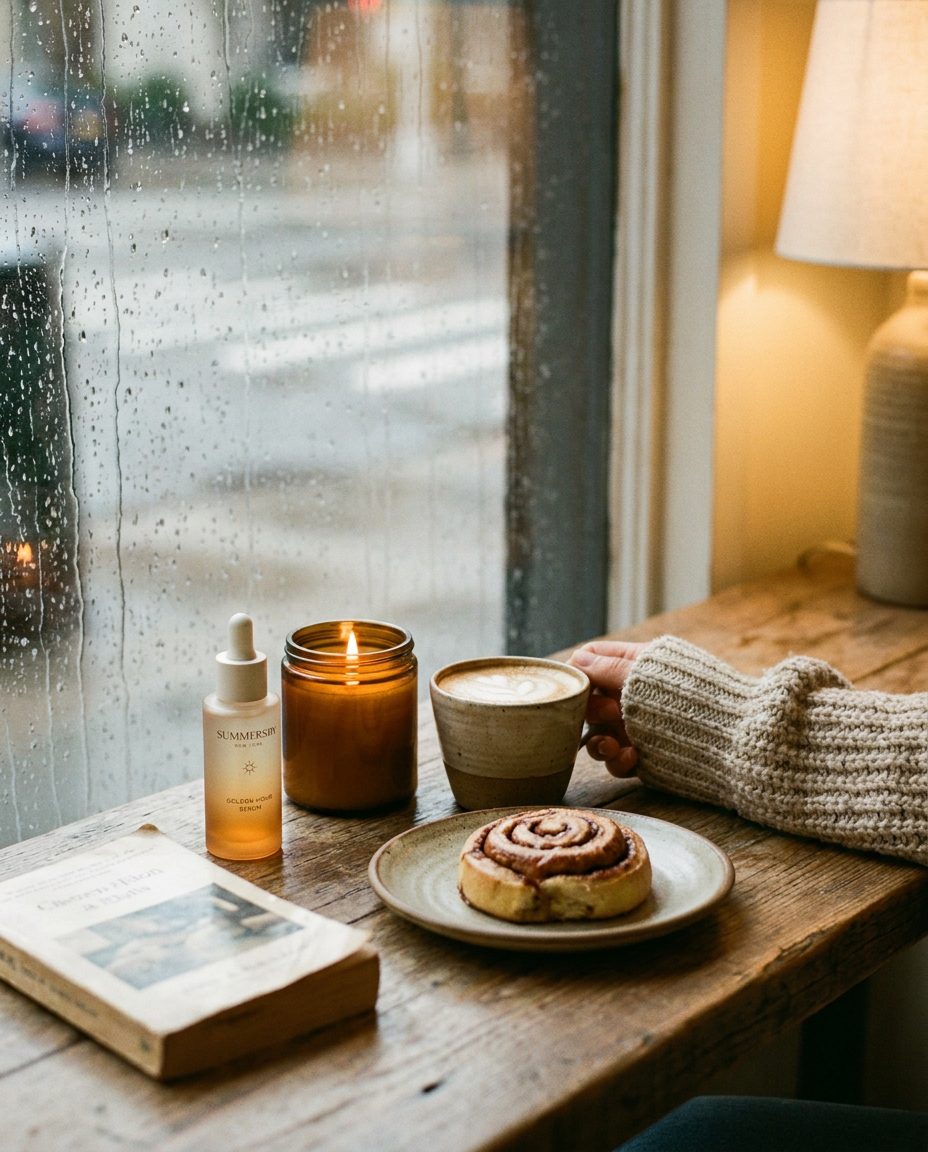 A cafe table by a rain-streaked window with coffee, a cinnamon bun and a lit candle