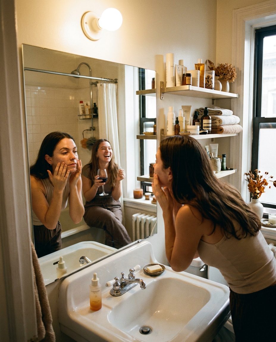Two friends talking and laughing at a bathroom mirror while doing their skincare