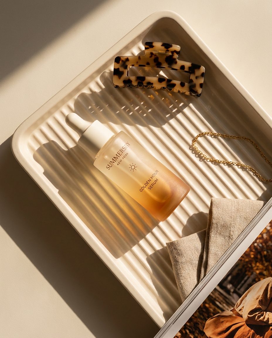 Overhead flatlay of the serum bottle on a ribbed ceramic tray with a claw clip and gold chain