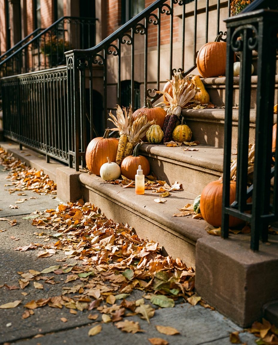 Pumpkins and gourds on a brownstone stoop with fallen leaves across the sidewalk