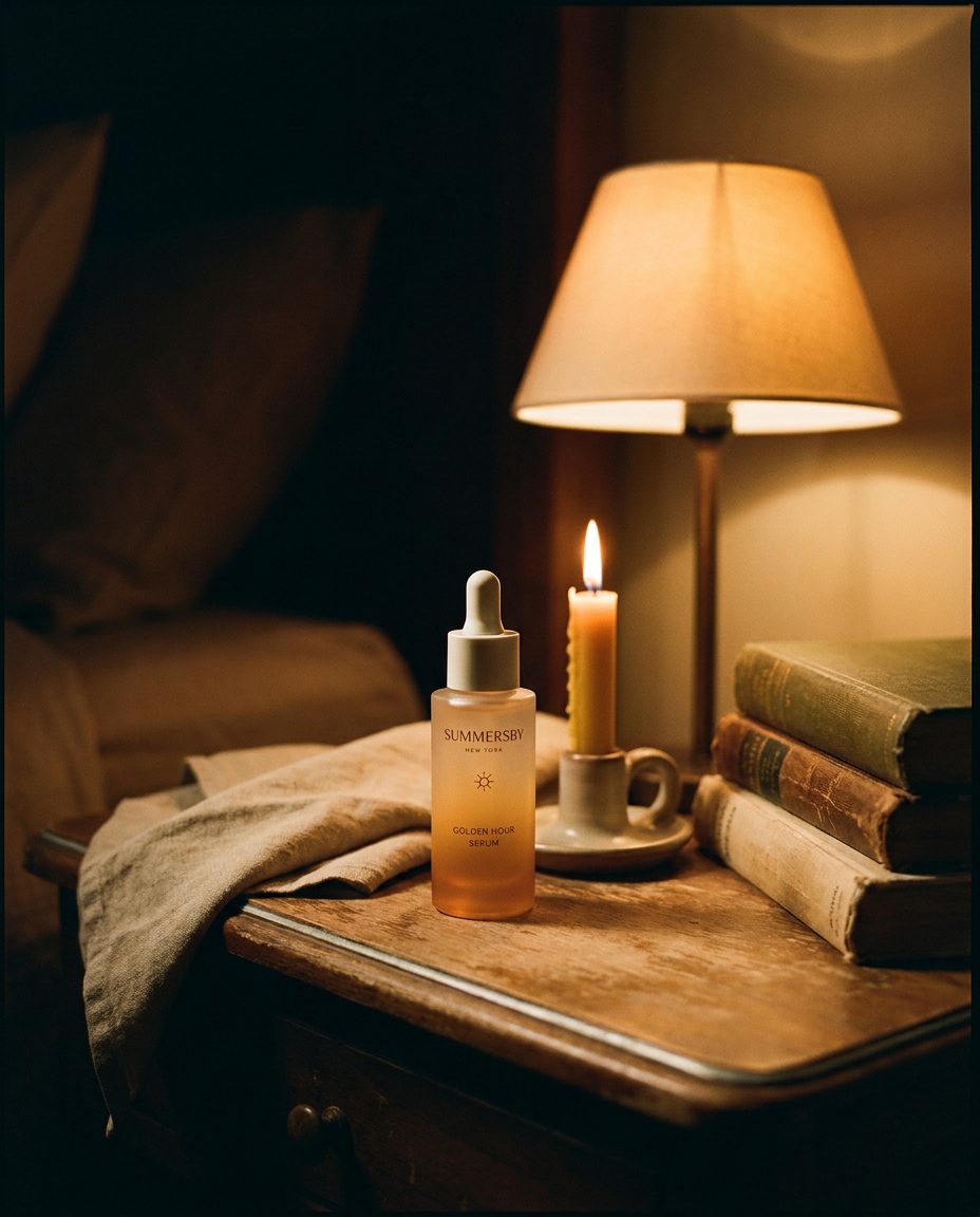 The serum bottle on a bedside table lit by a candle and a warm lamp