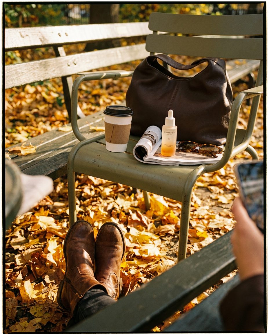 Boots in fallen leaves beside a park chair holding a bag, coffee cup and magazine